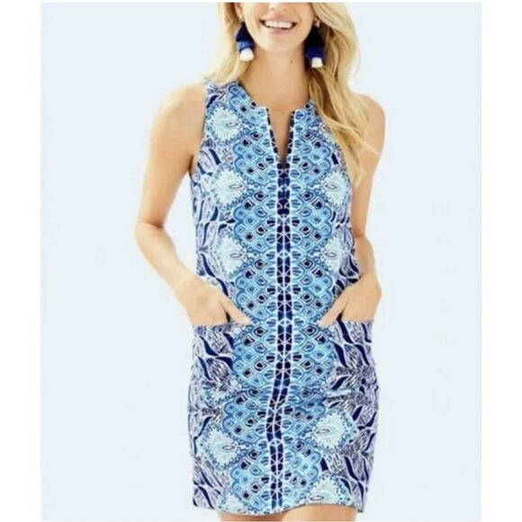 Lilly Pulitzer Dresses & Skirts - Lilly Pulitzer Kelby Shift Dress Sz 8 Sleeveless Pockets Blue White Mermaid Chic
